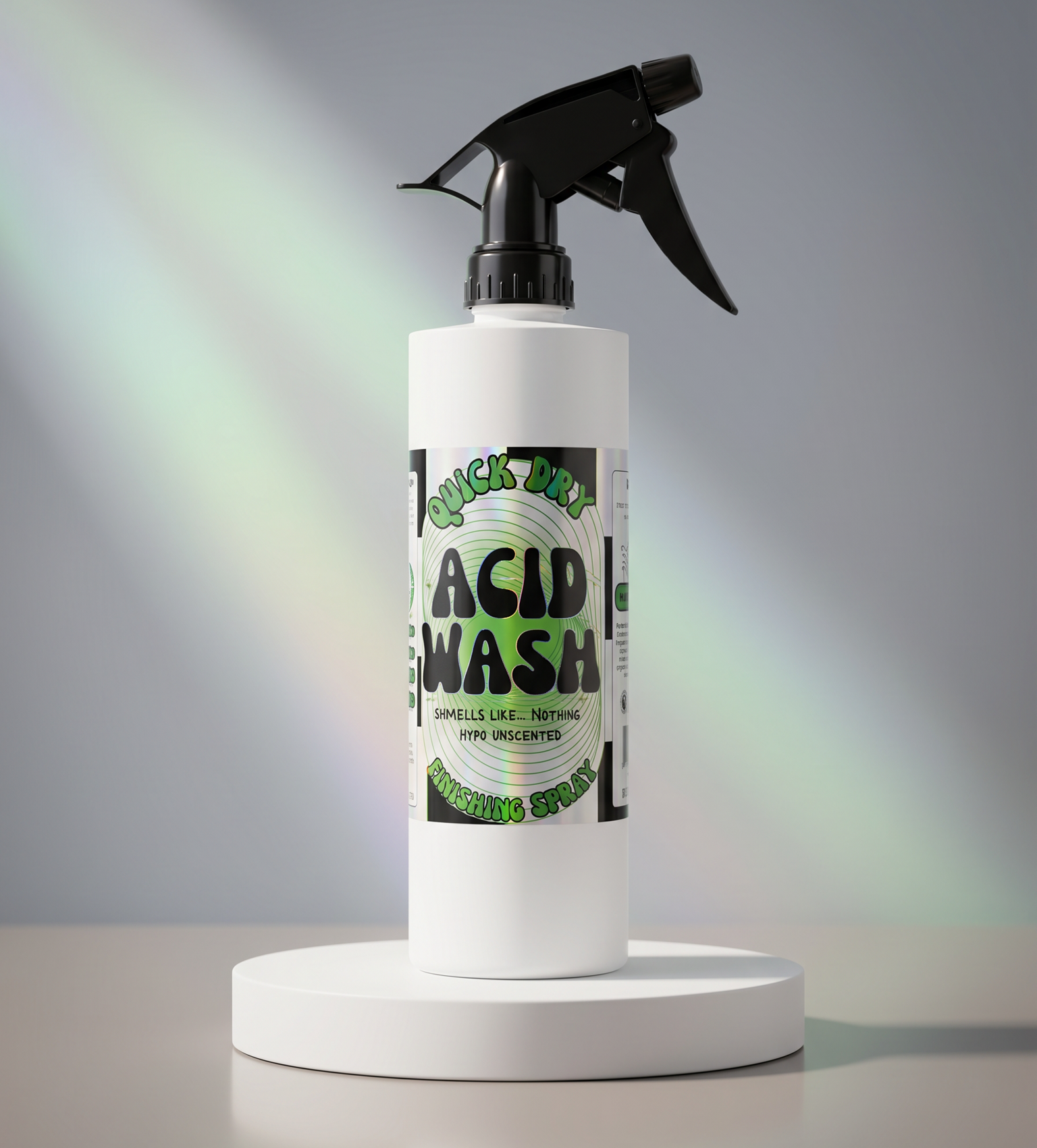 A white spray bottle of Quick dry Acid Wash with a black trigger sprayer, displayed on a white circular pedestal against a gray background with soft green light streaks.